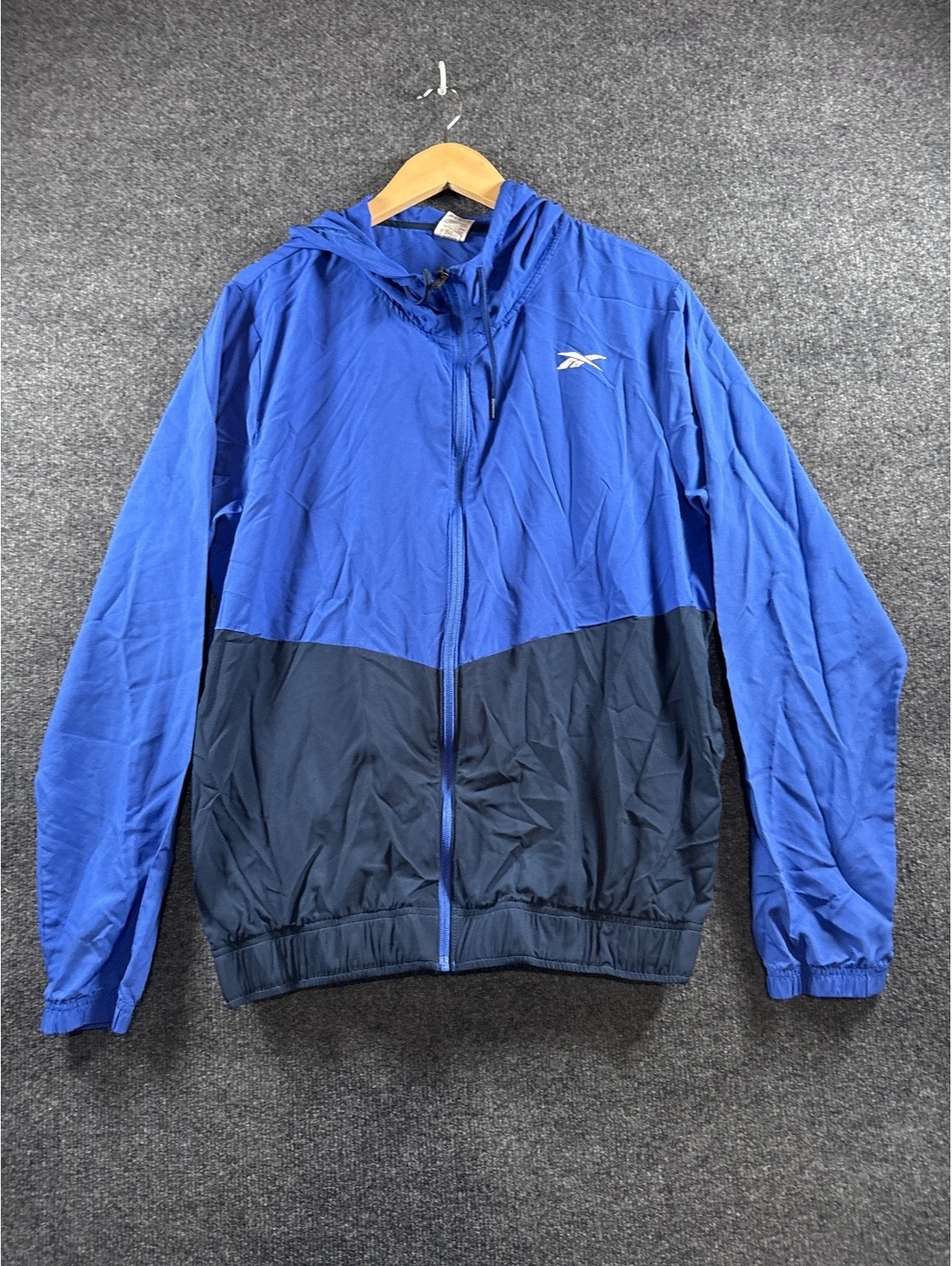 Reebok Mens Large Blue Black Colorblock Full Zip Hooded Windbreaker Jacket